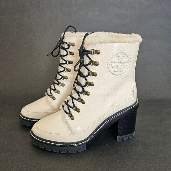 Tory Burch Miller Shearling Lug Sole Bootie Boots SPAIN Brie Leather Fur Lining - Picture 3 of 12